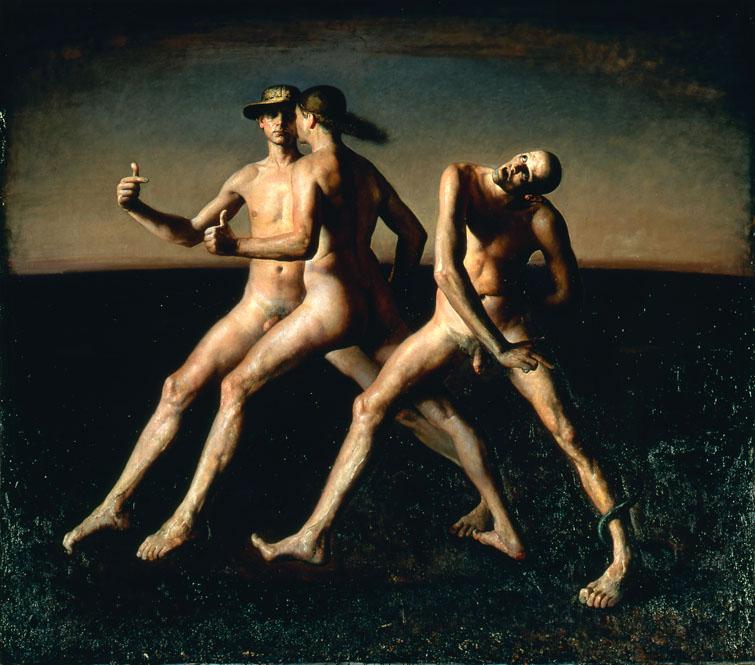 Artwork depicting three well-lit, nude male figures against a darkened background