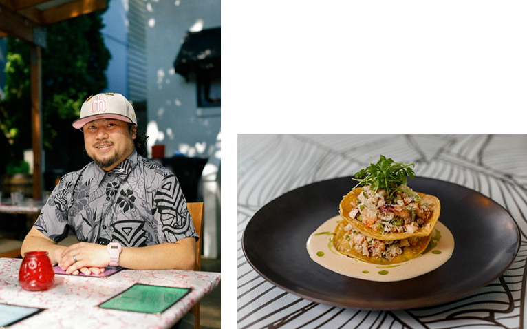 A collage of two images, one of a man smiling and sitting at a table, and one of a professionally plated piece of food