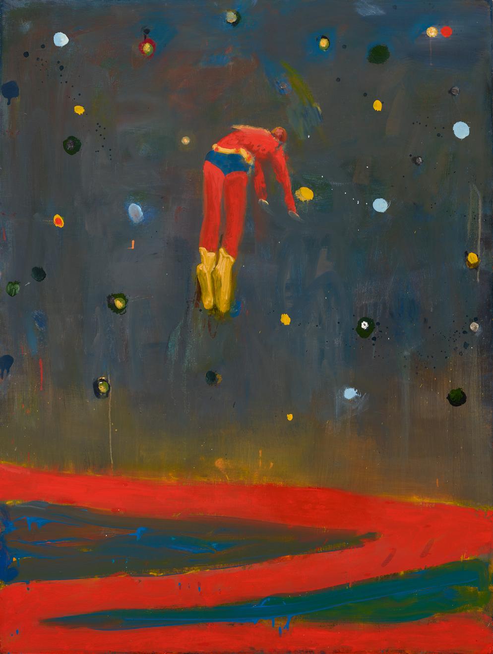 Oil painting of a figure in a superhero outfit floating limply in the air with a dark sky beyond with colorful stars or planets in it and a red path below