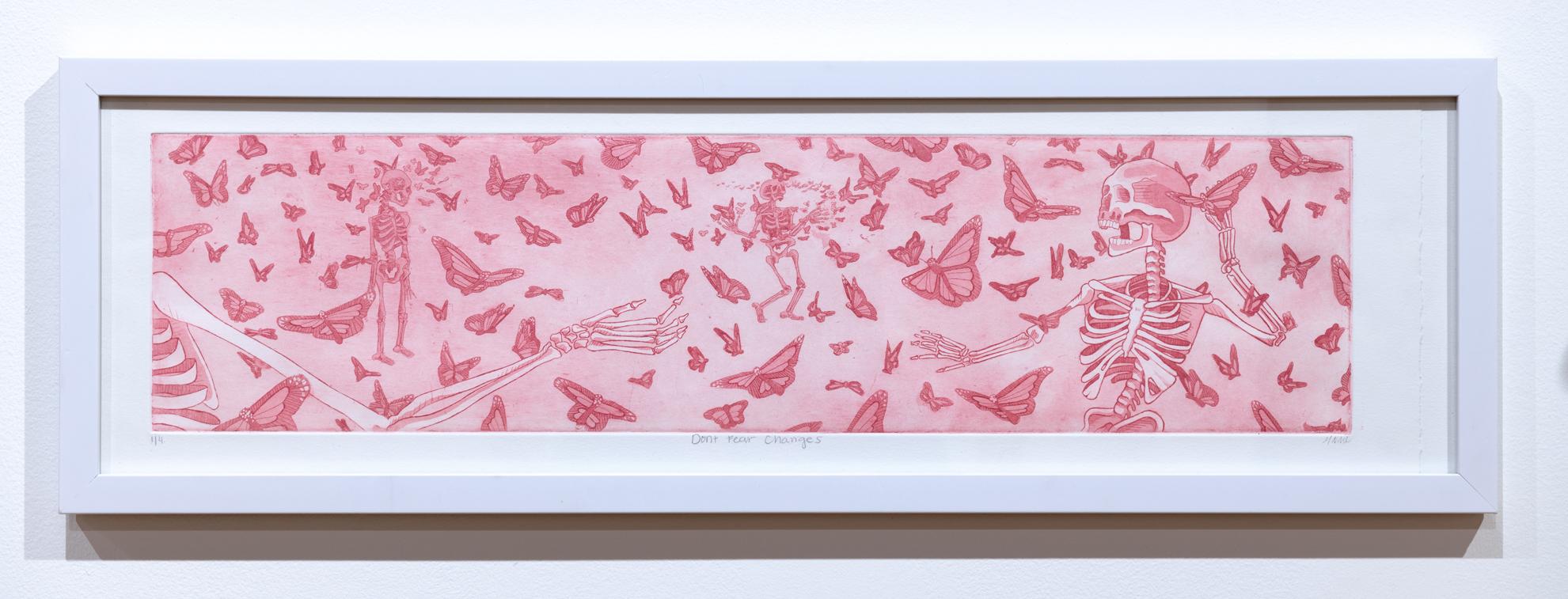 Print by Maddi Wareham depicting a skeleton and many butterflies in pink and red tones