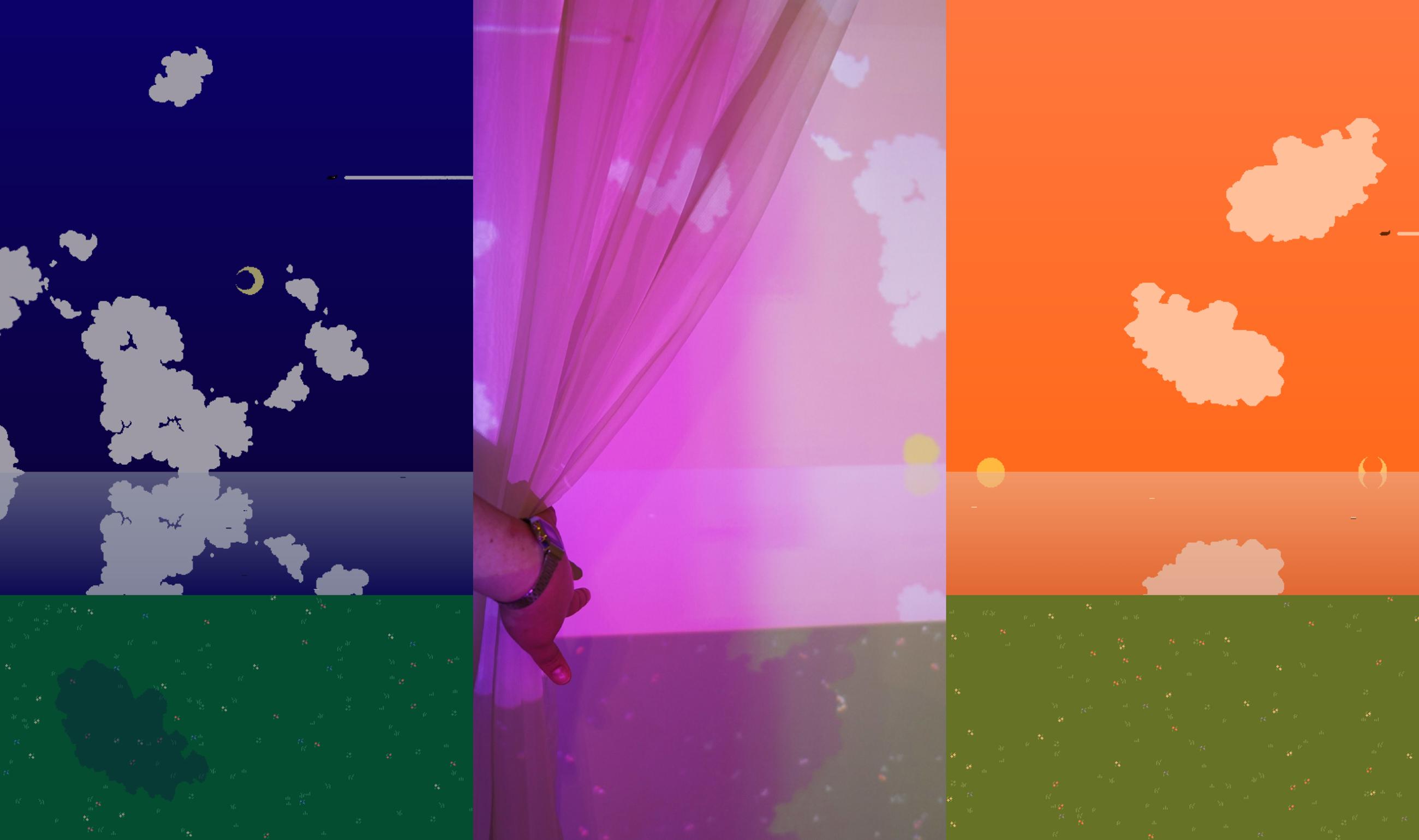 Left to right: Screenshot of an animation with a dark blue sky, an animation of a pink sky projected on a wall with a curtain someone is holding out of the way, screenshot of an animation with an orange sky and clouds