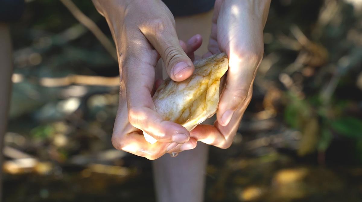 A close-up of hands holding a pale, wet stone