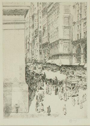 Childe Hassam. Fifth Avenue, Noon, NY, 1916. Etching. 12 3/8 x 9 1/2 in. Gift of Harold C. Milch, 1960.009.07