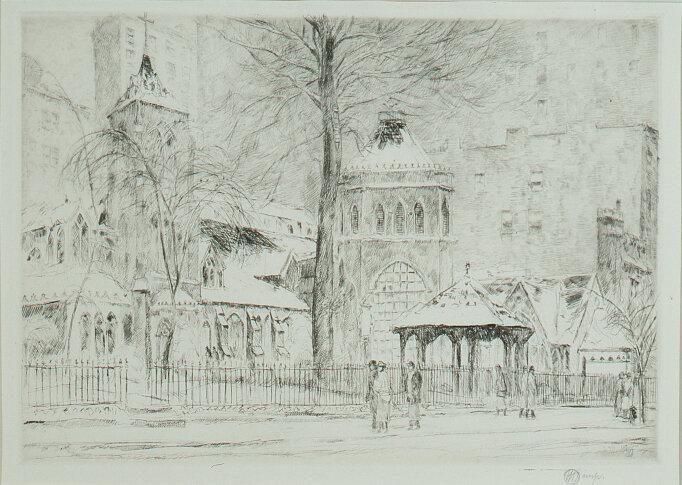 Childe Hassam. Little Church Around the Corner, 1923. Etching. 10 5/8 x 14 3/8 in. Gift of Harold C. Milch, 1960.009.02