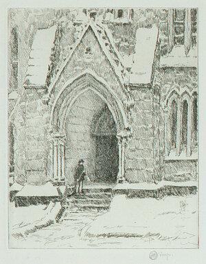Childe Hassam. Church Across the Way (Calvary Baptist Church, 57th St., NYC), 1916. Etching. 9 3/8 x 5 1/2 in. Gift of Harold C. Milch, 1960.009.08